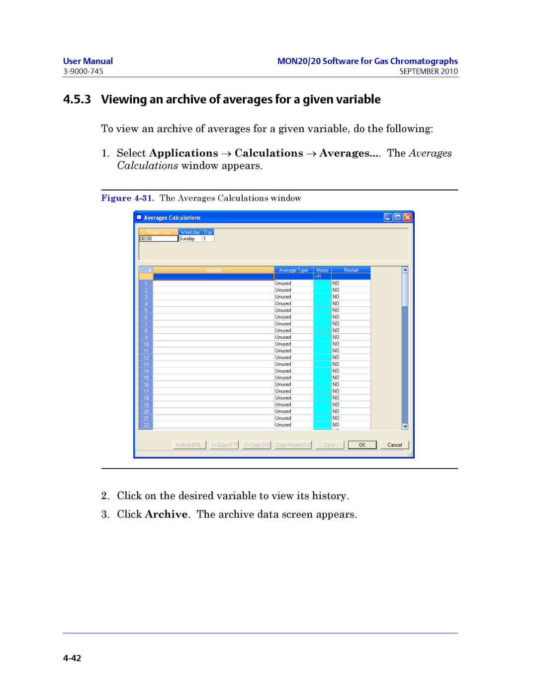 Emerson Process Management 3-9000-745 manual Viewing an archive of averages for a given variable 