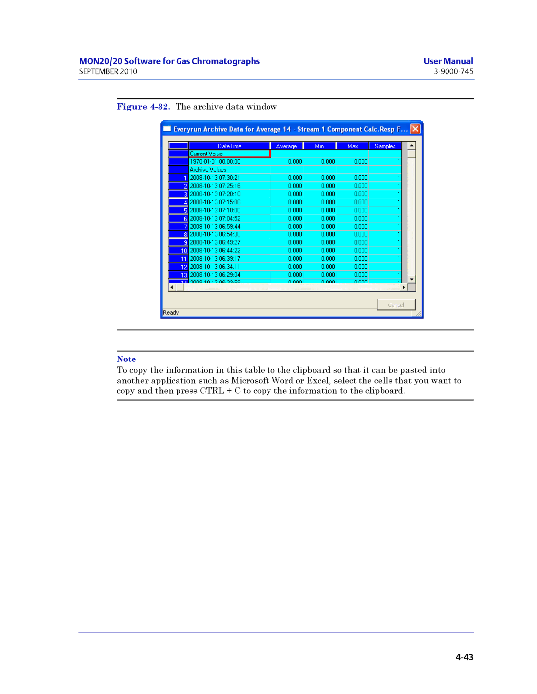 Emerson Process Management 3-9000-745 manual The archive data window 