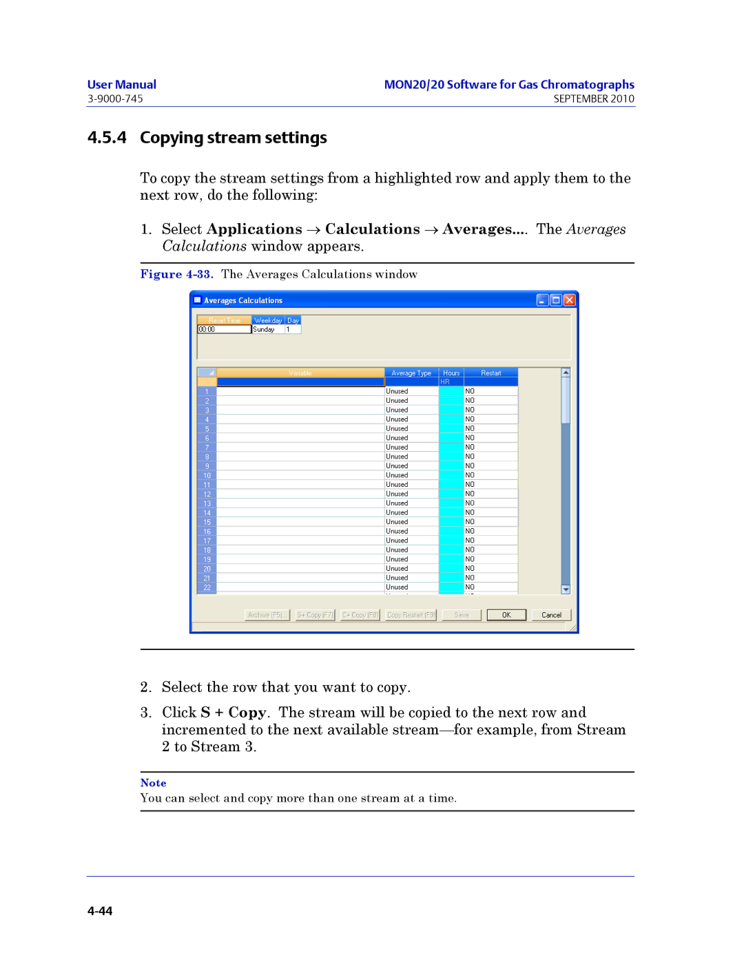 Emerson Process Management 3-9000-745 manual Copying stream settings, The Averages Calculations window 