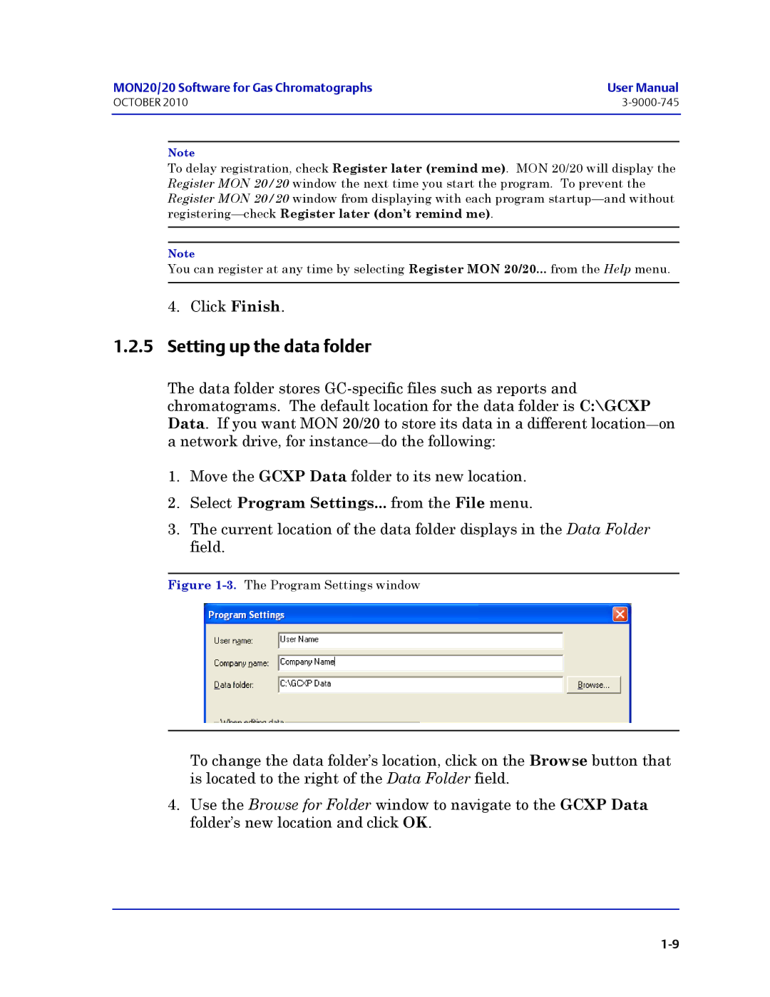 Emerson Process Management 3-9000-745 manual Setting up the data folder, Select Program Settings... from the File menu 