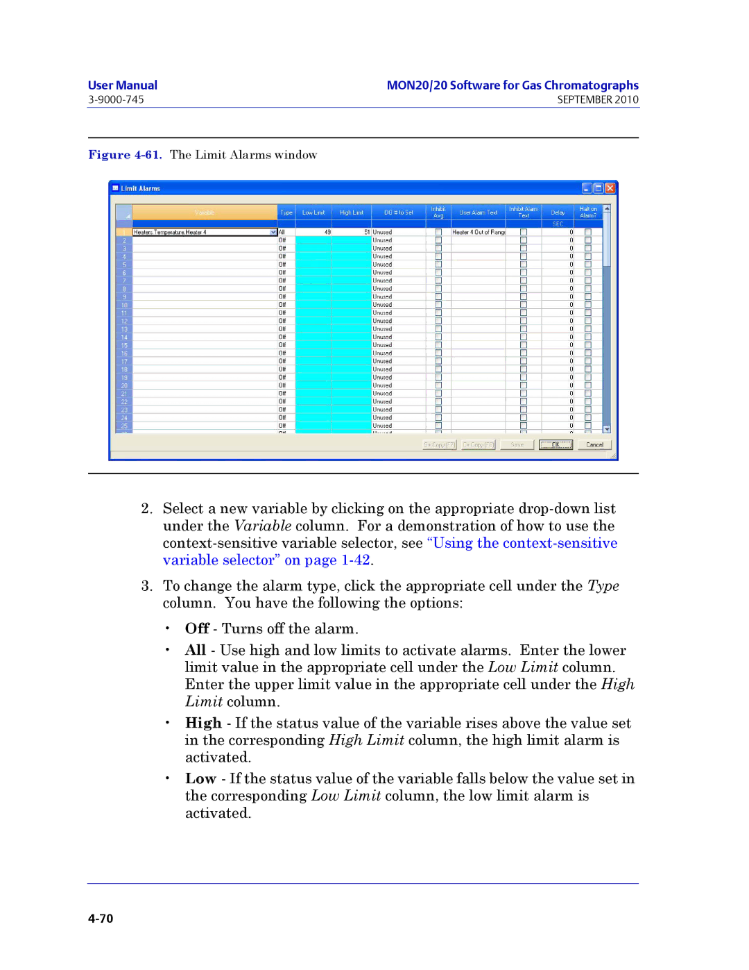 Emerson Process Management 3-9000-745 manual The Limit Alarms window 