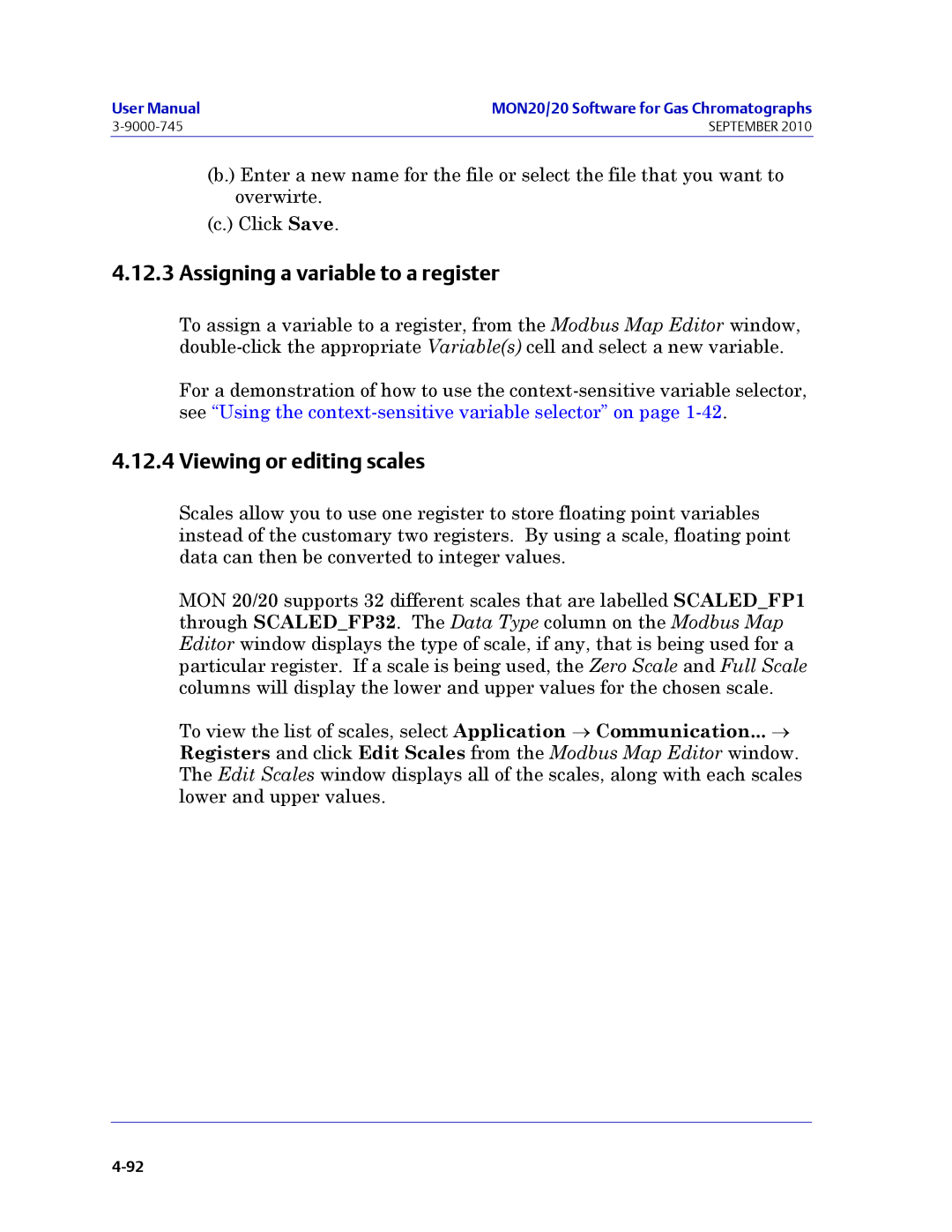 Emerson Process Management 3-9000-745 manual Assigning a variable to a register, Viewing or editing scales 