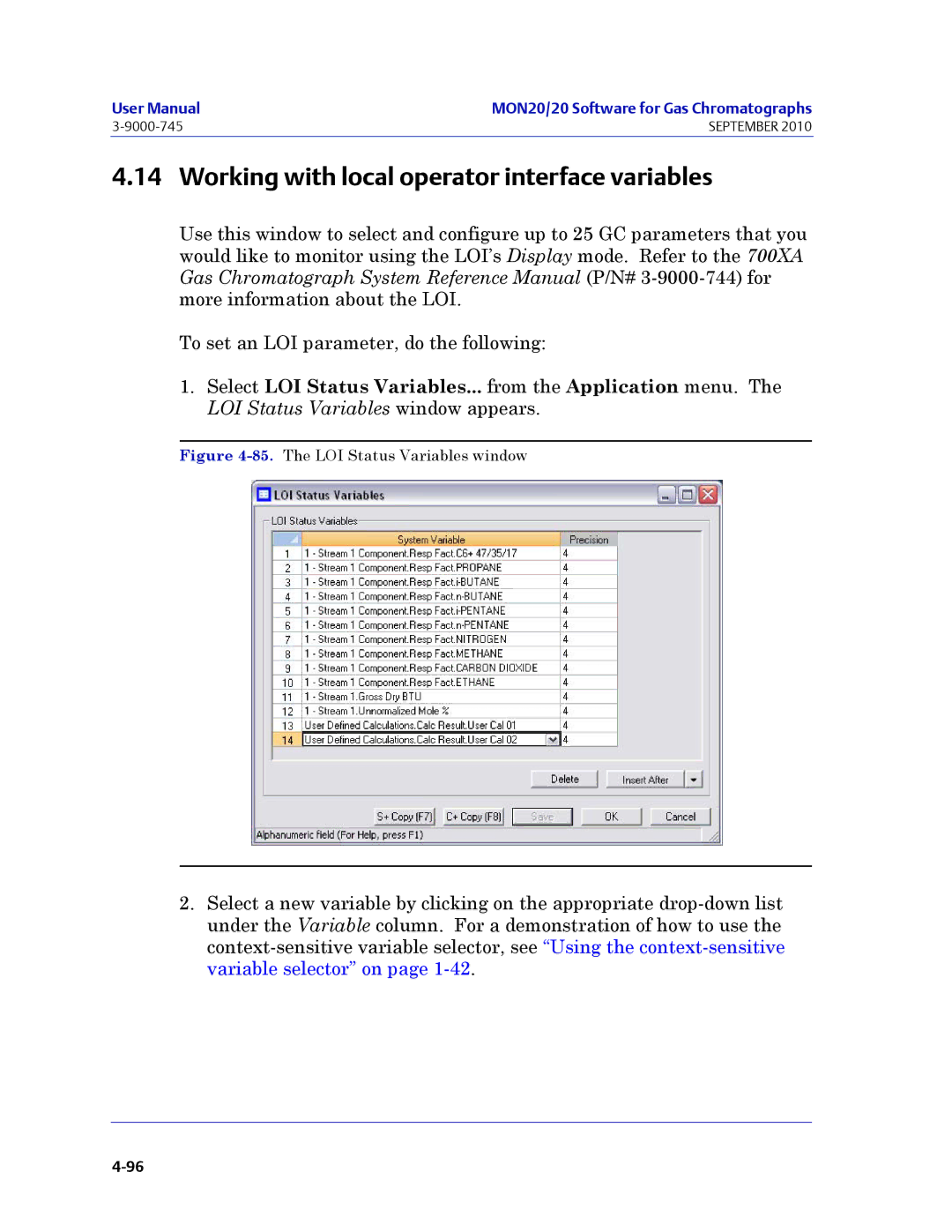 Emerson Process Management 3-9000-745 Working with local operator interface variables, The LOI Status Variables window 