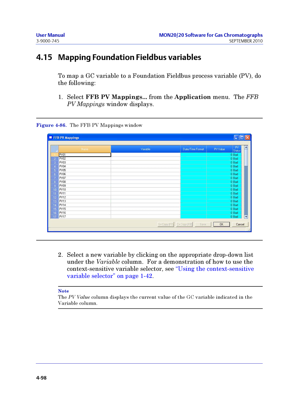 Emerson Process Management 3-9000-745 manual Mapping Foundation Fieldbus variables, The FFB PV Mappings window 