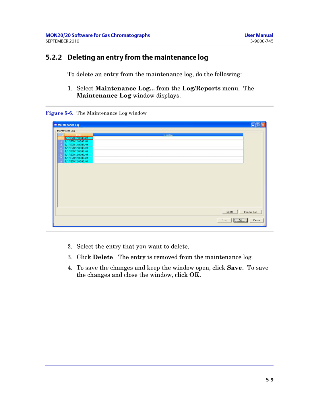 Emerson Process Management 3-9000-745 manual Deleting an entry from the maintenance log 