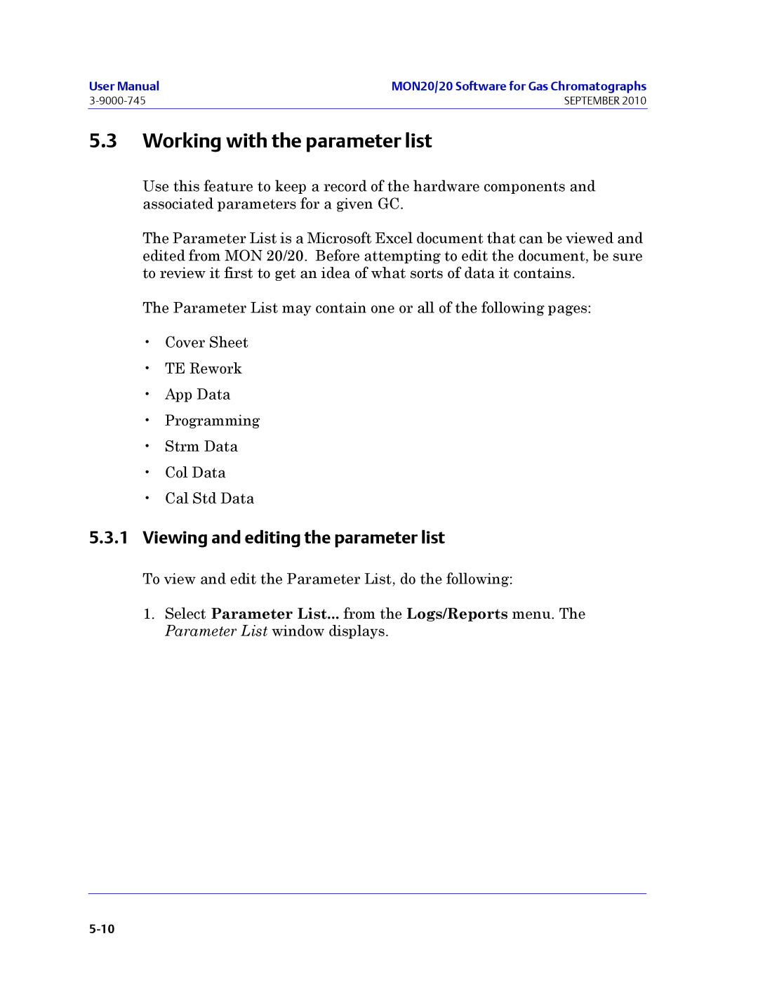 Emerson Process Management 3-9000-745 manual Working with the parameter list, Viewing and editing the parameter list 