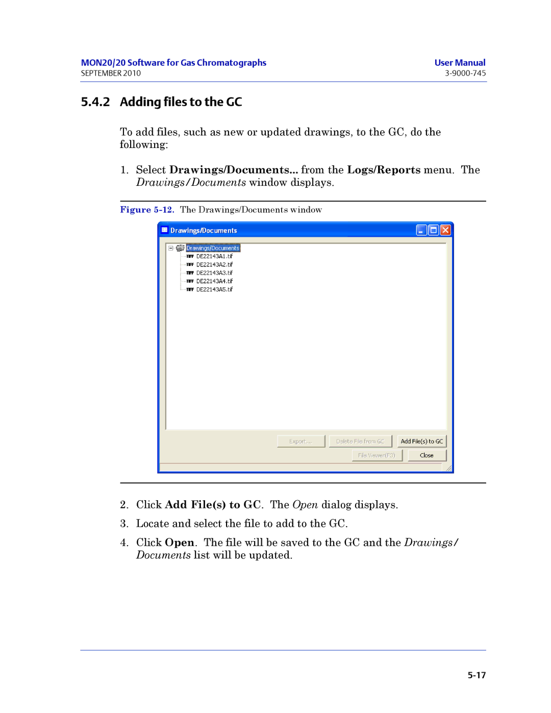 Emerson Process Management 3-9000-745 manual Adding files to the GC, The Drawings/Documents window 