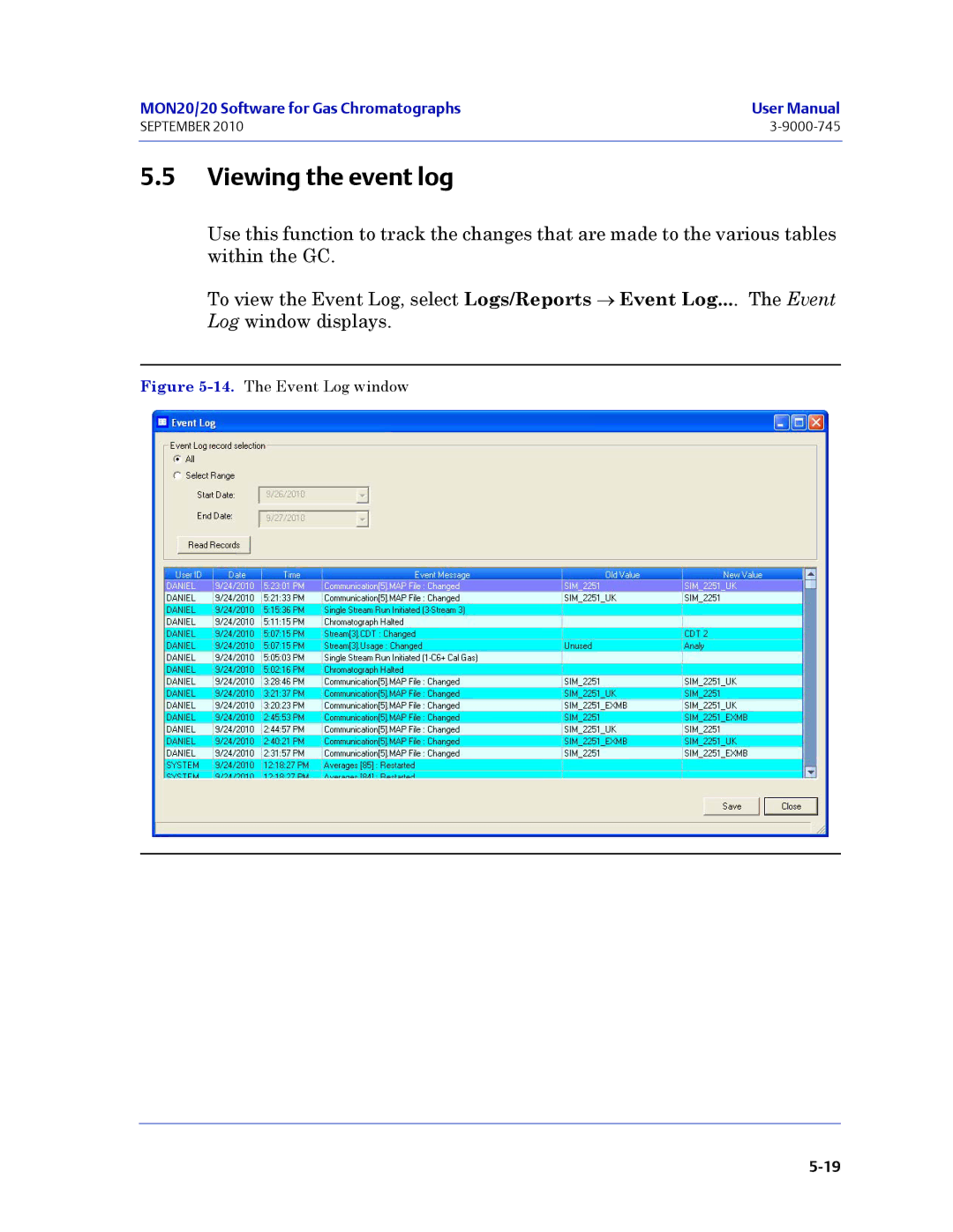 Emerson Process Management 3-9000-745 manual Viewing the event log, The Event Log window 