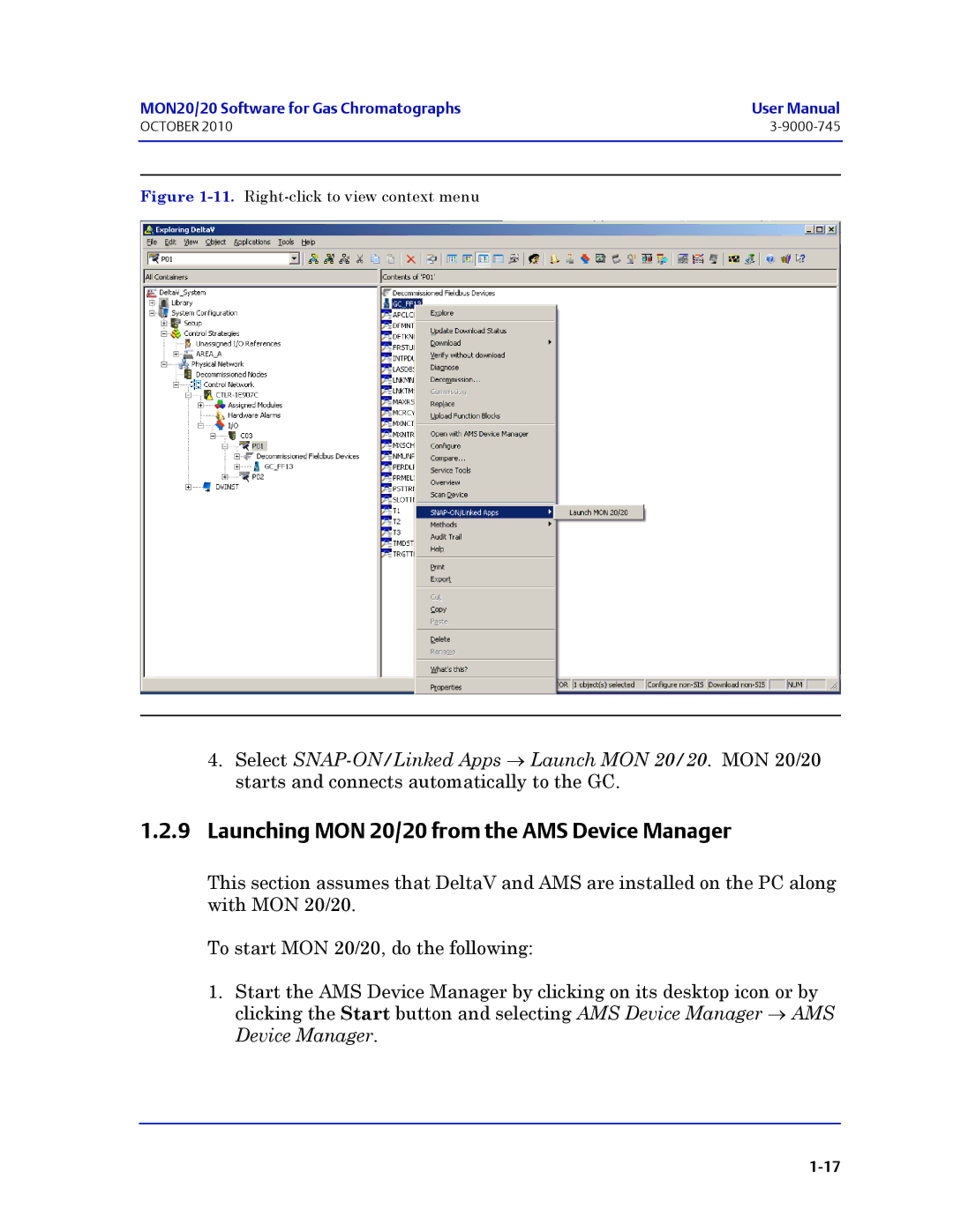 Emerson Process Management 3-9000-745 Launching MON 20/20 from the AMS Device Manager, Right-click to view context menu 