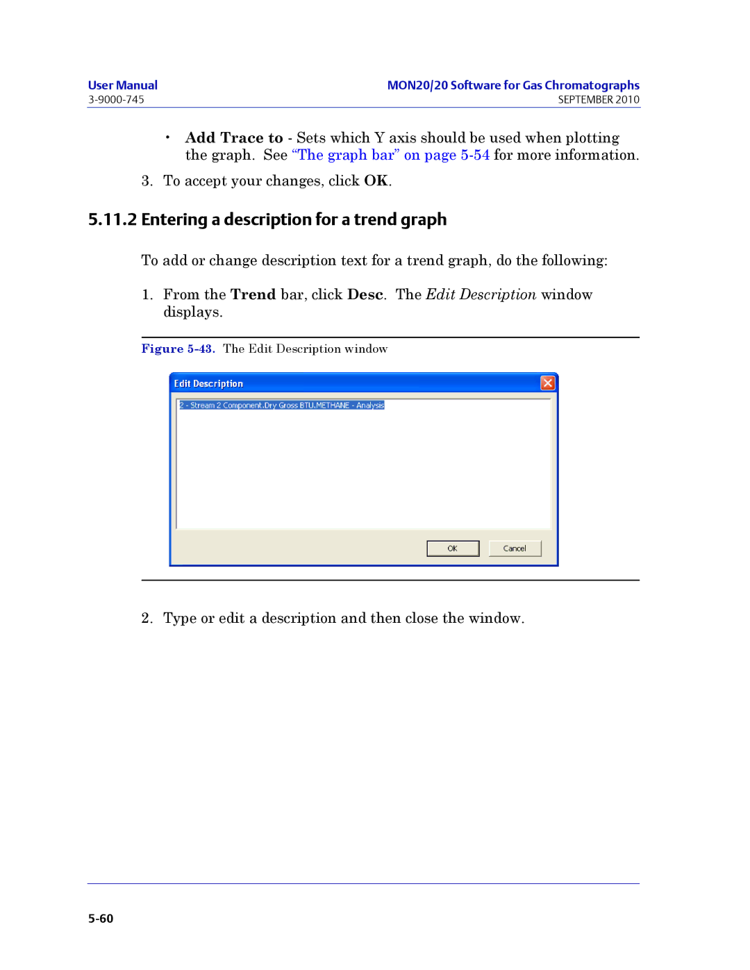 Emerson Process Management 3-9000-745 manual Entering a description for a trend graph, The Edit Description window 