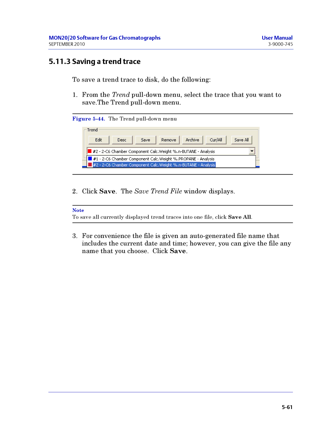 Emerson Process Management 3-9000-745 manual Saving a trend trace, The Trend pull-down menu 