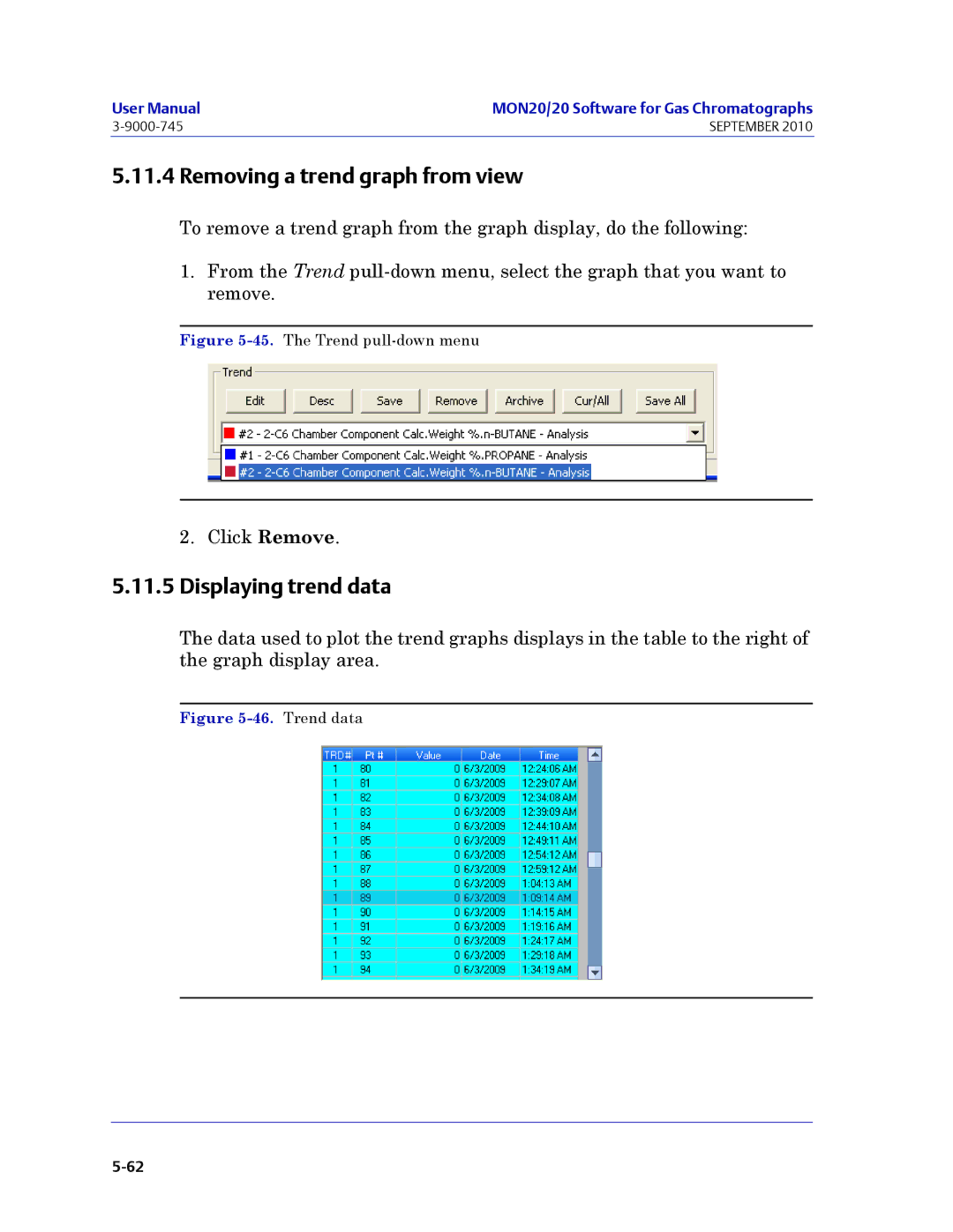 Emerson Process Management 3-9000-745 manual Removing a trend graph from view, Displaying trend data 