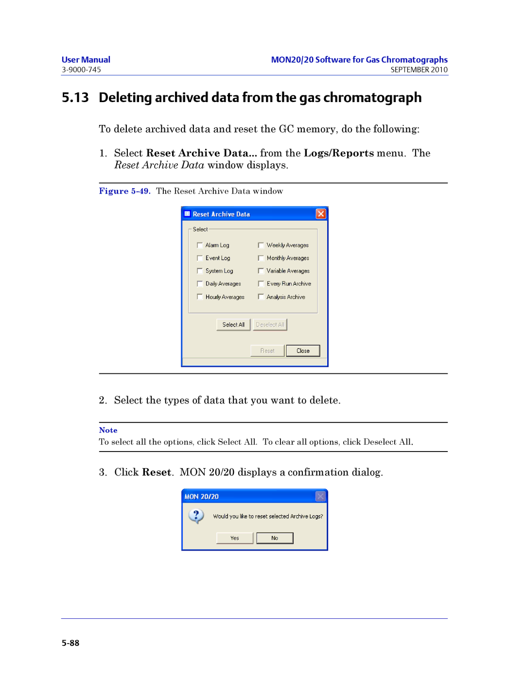 Emerson Process Management 3-9000-745 Deleting archived data from the gas chromatograph, The Reset Archive Data window 