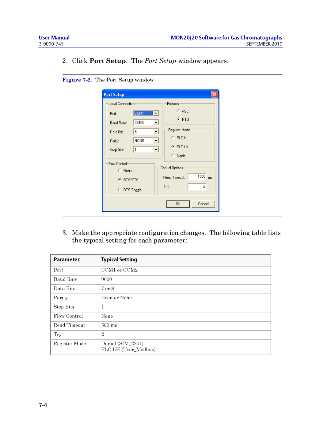 Emerson Process Management 3-9000-745 manual Click Port Setup. The Port Setup window appears 