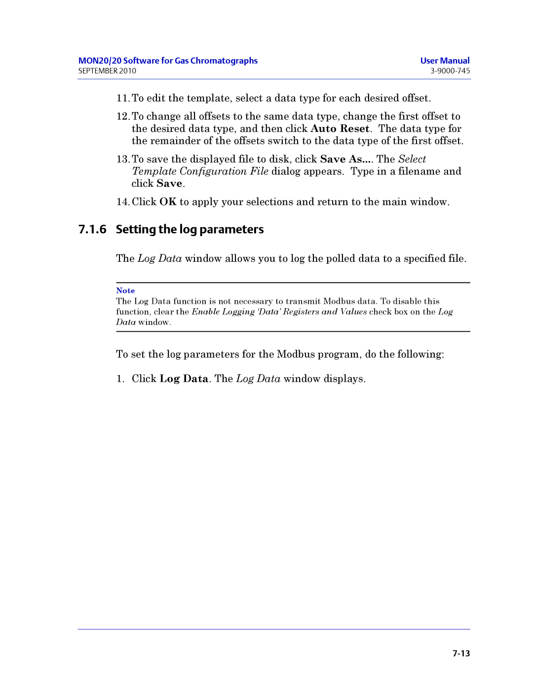 Emerson Process Management 3-9000-745 manual Setting the log parameters 