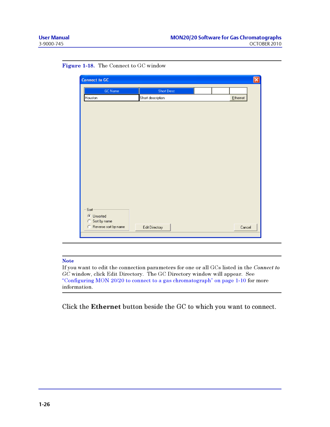 Emerson Process Management 3-9000-745 manual The Connect to GC window 