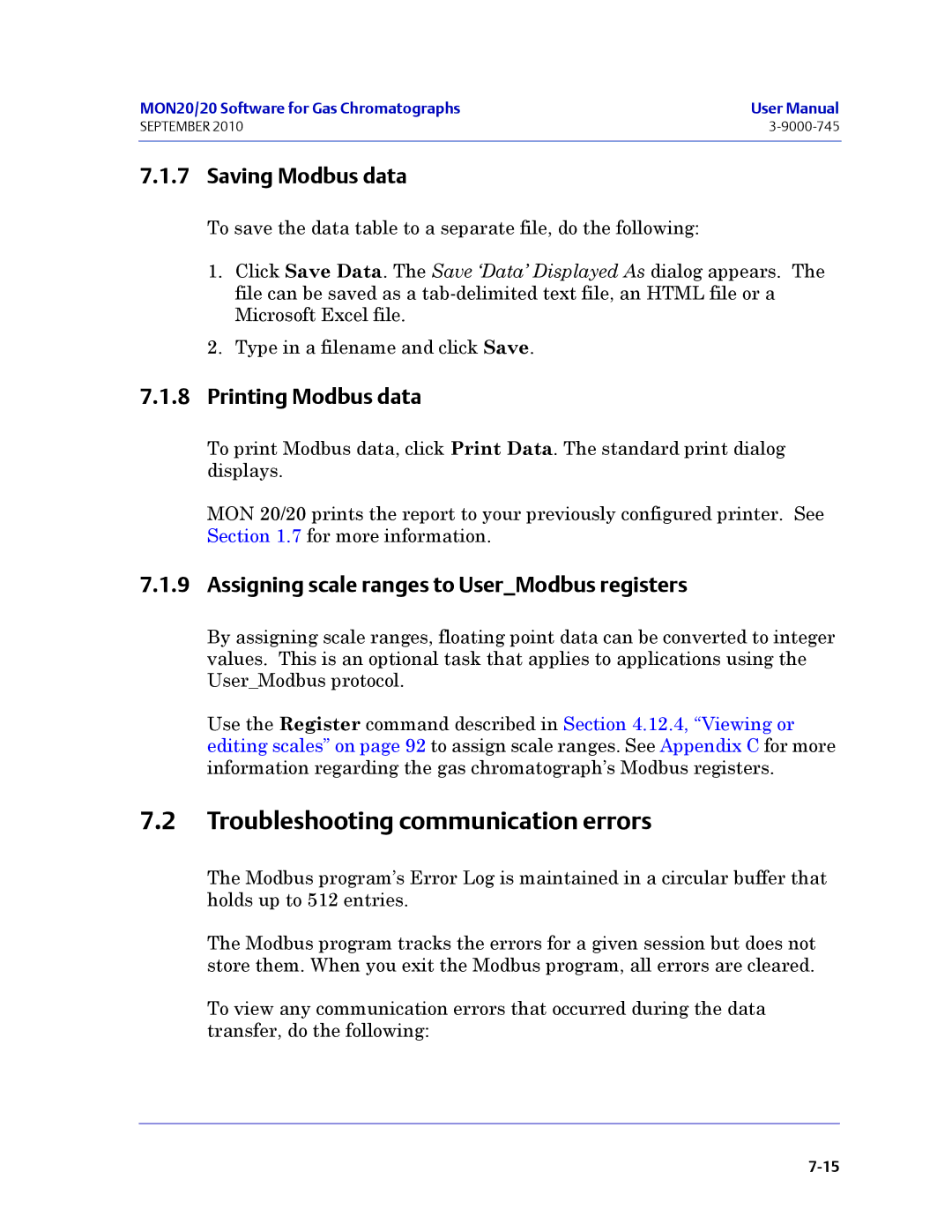 Emerson Process Management 3-9000-745 manual Troubleshooting communication errors, Saving Modbus data, Printing Modbus data 