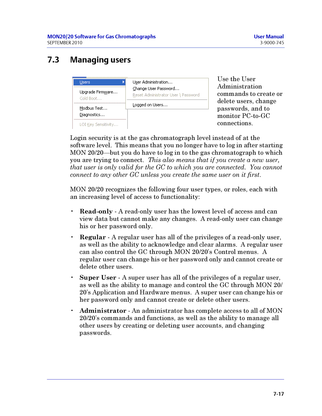 Emerson Process Management 3-9000-745 manual Managing users 