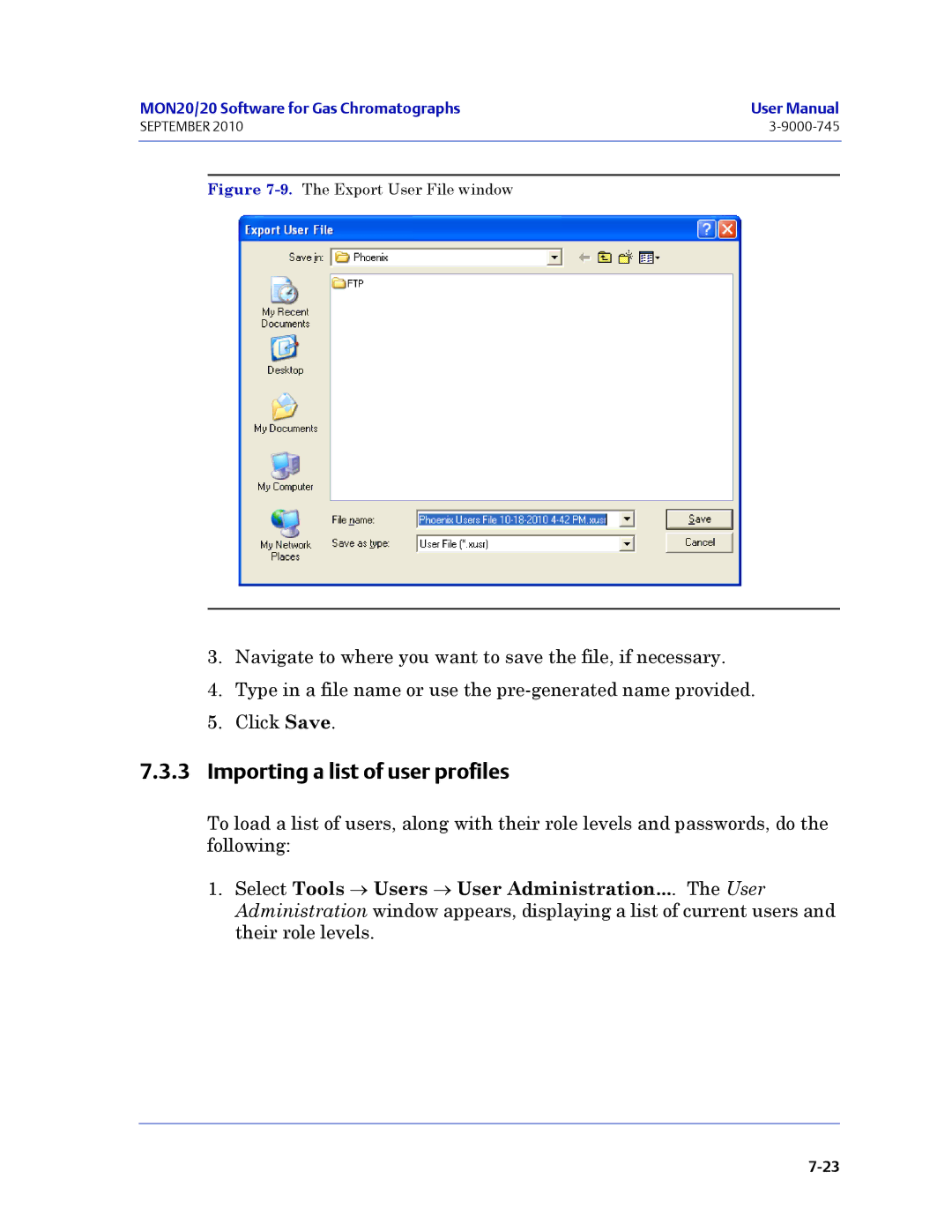 Emerson Process Management 3-9000-745 manual Importing a list of user profiles, Export User File window 