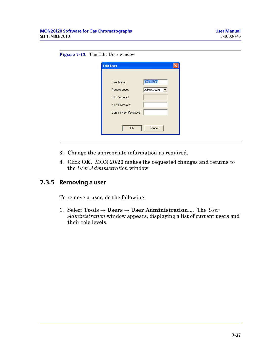 Emerson Process Management 3-9000-745 manual Removing a user, The Edit User window 