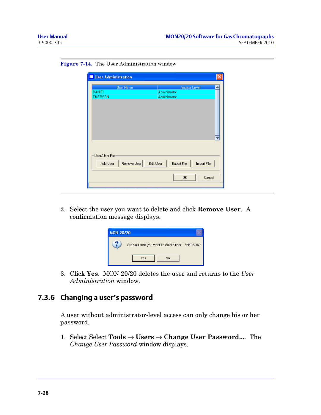 Emerson Process Management 3-9000-745 manual Changing a user’s password, The User Administration window 