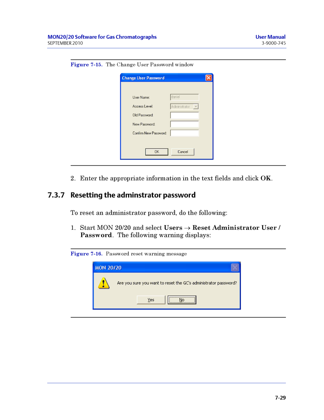 Emerson Process Management 3-9000-745 manual Resetting the adminstrator password, The Change User Password window 