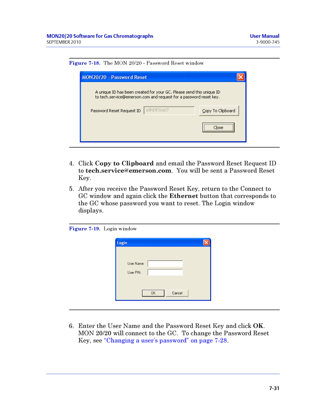 Emerson Process Management 3-9000-745 manual The MON 20/20 Password Reset window 