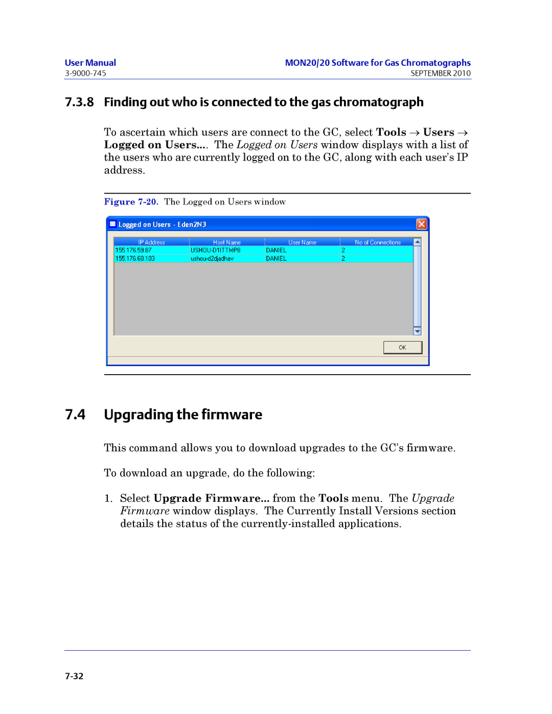 Emerson Process Management 3-9000-745 manual Upgrading the firmware, Finding out who is connected to the gas chromatograph 