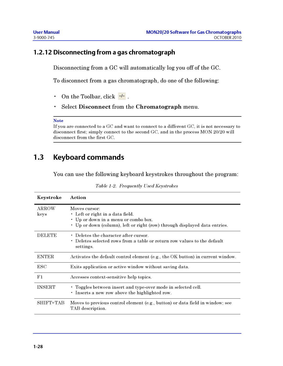 Emerson Process Management 3-9000-745 manual Keyboard commands, Disconnecting from a gas chromatograph 