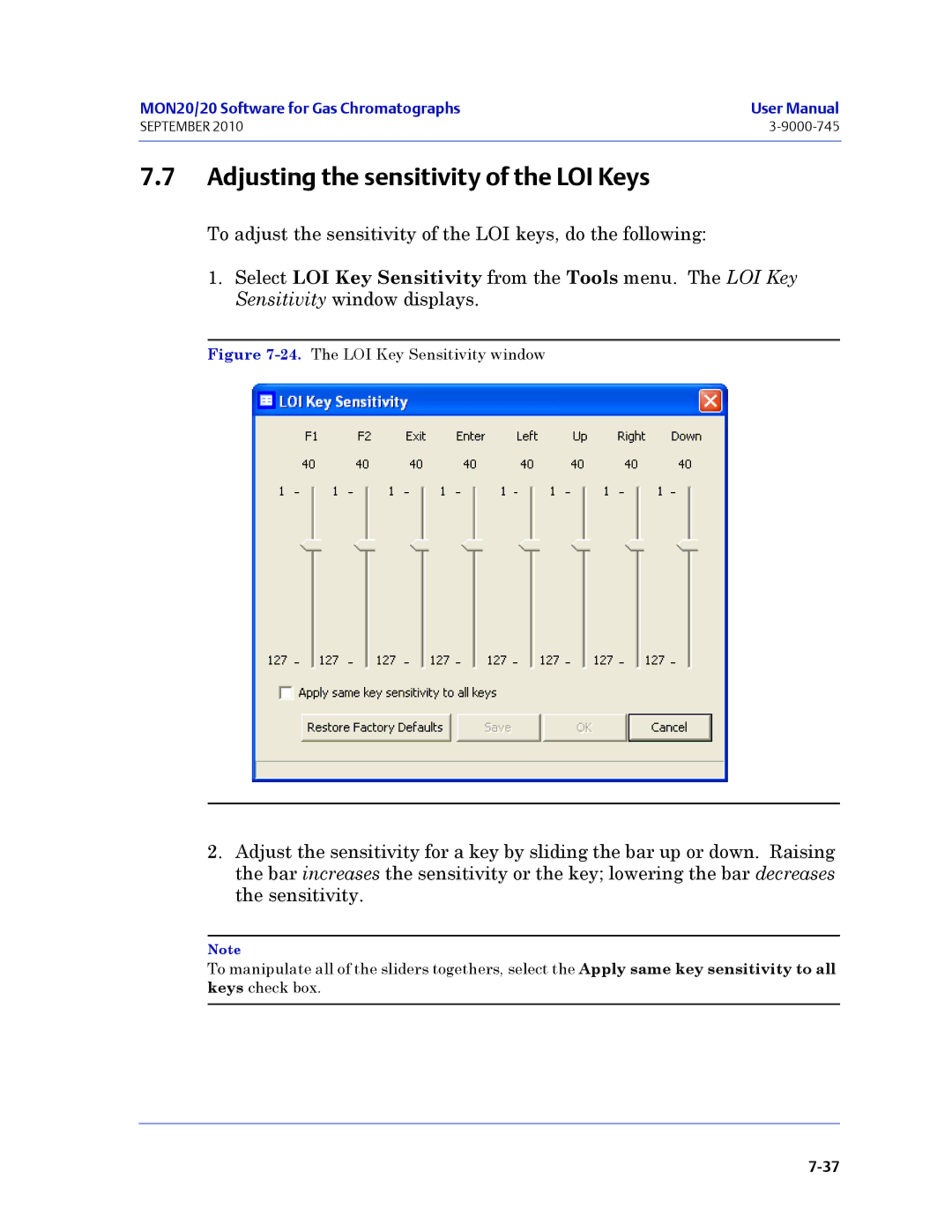 Emerson Process Management 3-9000-745 manual Adjusting the sensitivity of the LOI Keys, The LOI Key Sensitivity window 