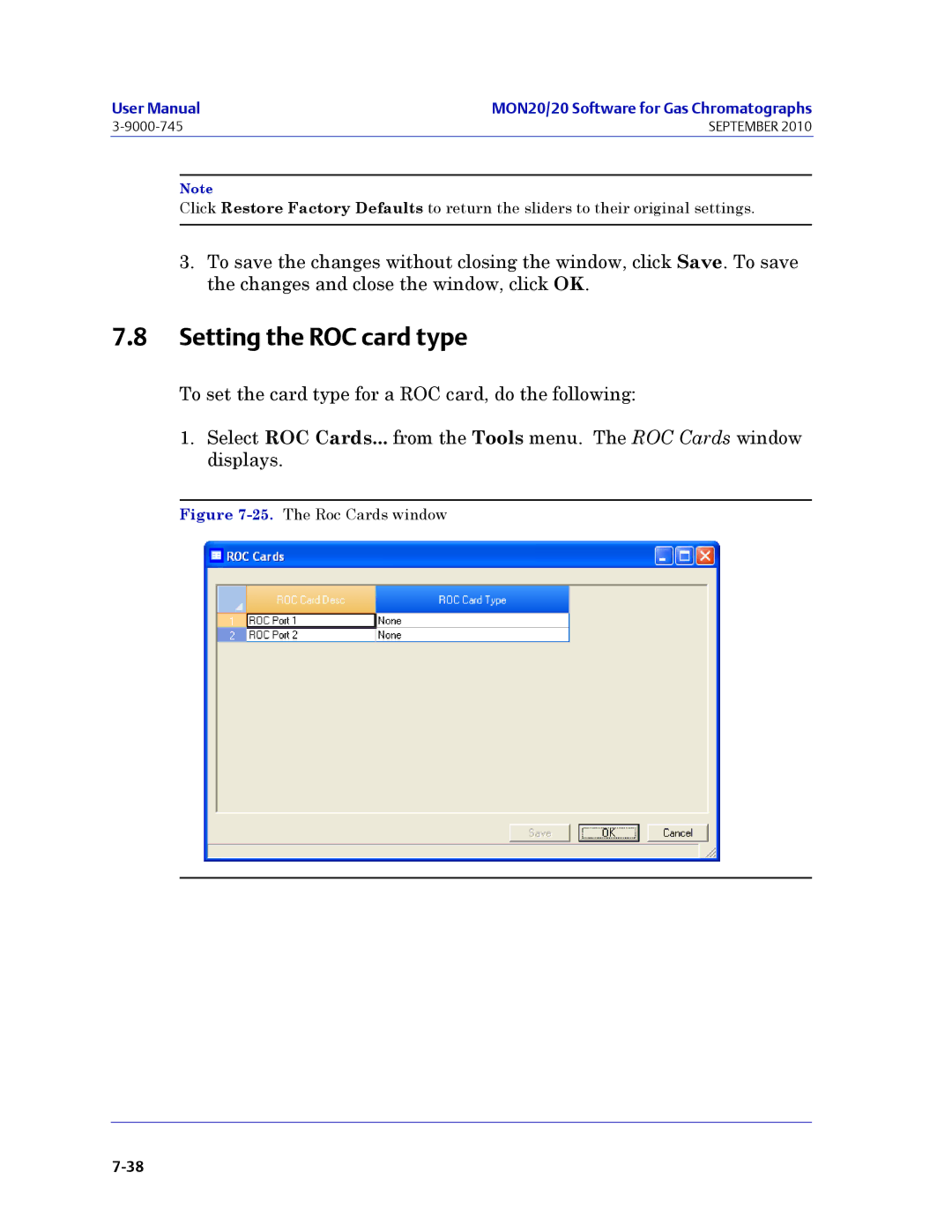 Emerson Process Management 3-9000-745 manual Setting the ROC card type, The Roc Cards window 