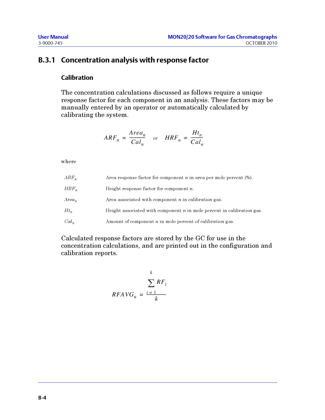 Emerson Process Management 3-9000-745 manual Concentration analysis with response factor, Calibration 