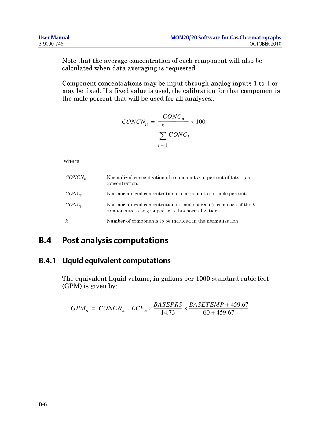 Emerson Process Management 3-9000-745 manual Post analysis computations, Liquid equivalent computations 