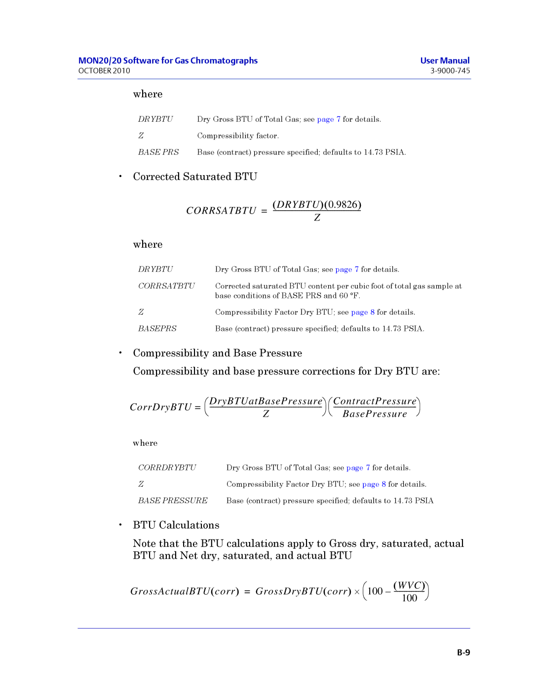 Emerson Process Management 3-9000-745 manual CorrDryBTU = ⎛ DryBTUatBasePressure ⎞ ⎛ ContractPressure ⎞ 