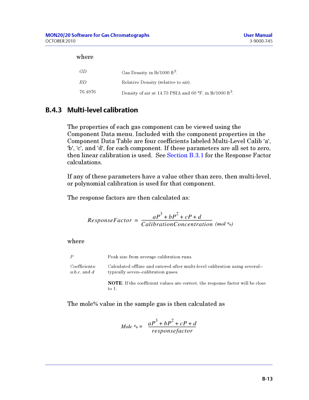 Emerson Process Management 3-9000-745 manual Multi-level calibration, ResponseFactor = AP 3 + bP 2 + cP + d 