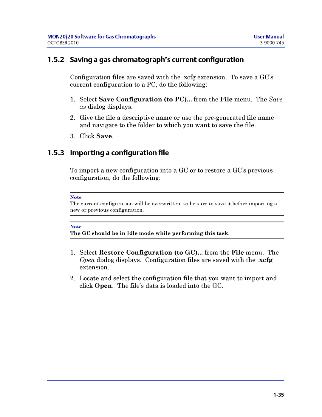 Emerson Process Management 3-9000-745 Saving a gas chromatograph’s current configuration, Importing a configuration file 