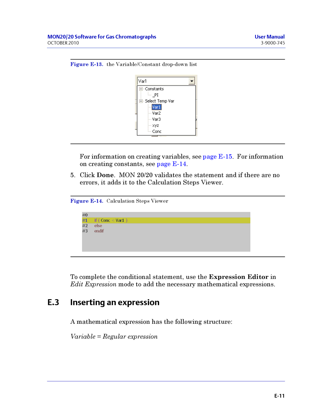 Emerson Process Management 3-9000-745 manual Inserting an expression, Figure E-13.the Variable/Constant drop-down list 