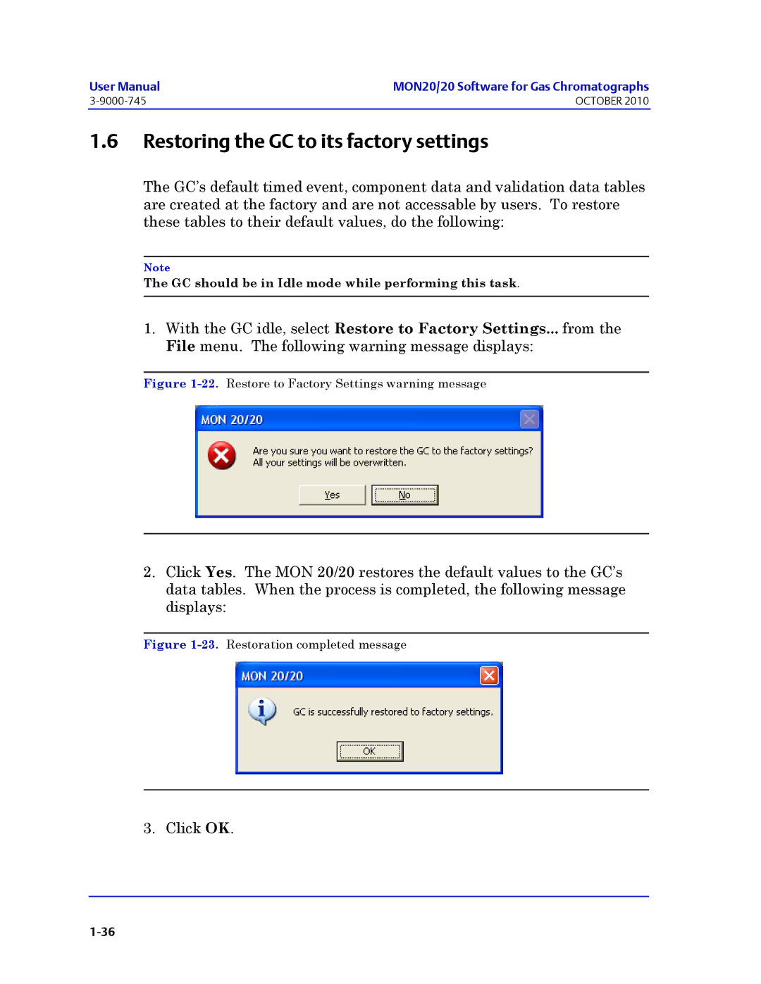 Emerson Process Management 3-9000-745 manual Restoring the GC to its factory settings 