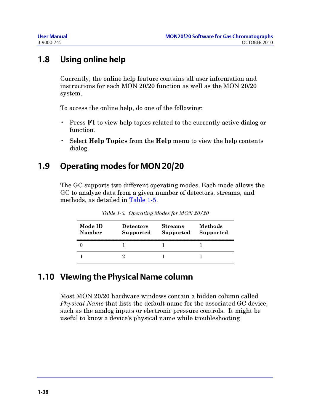 Emerson Process Management 3-9000-745 Using online help, Operating modes for MON 20/20, Viewing the Physical Name column 