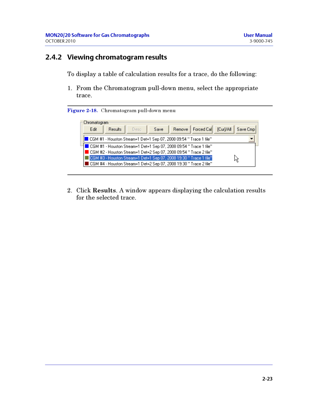 Emerson Process Management 3-9000-745 manual Viewing chromatogram results, Chromatogram pull-down menu 