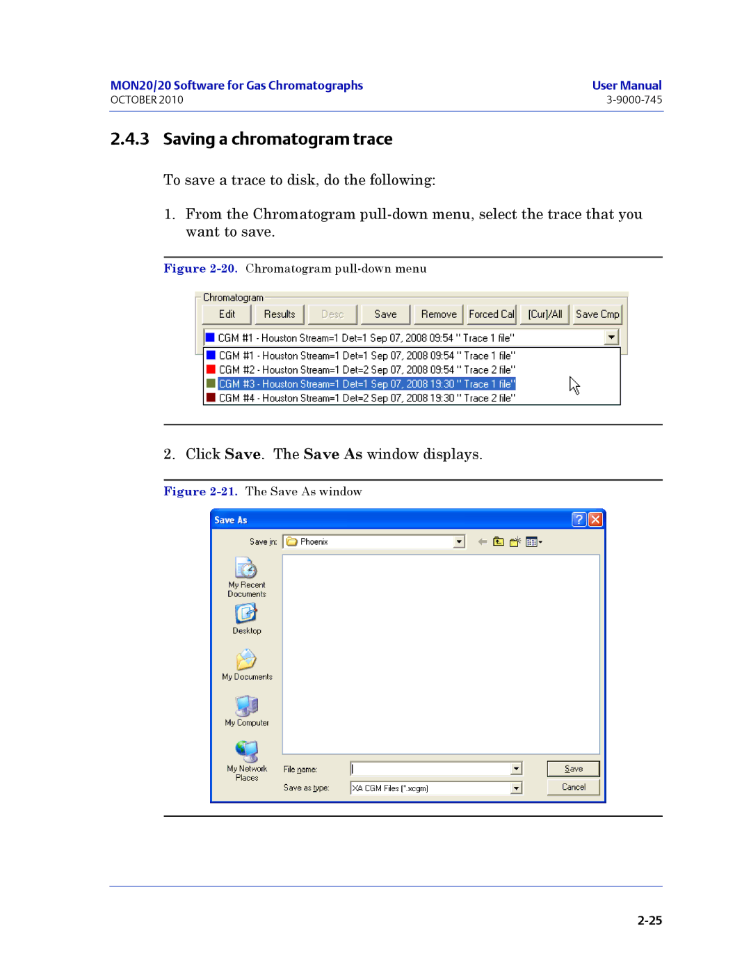 Emerson Process Management 3-9000-745 manual Saving a chromatogram trace, Chromatogram pull-down menu 