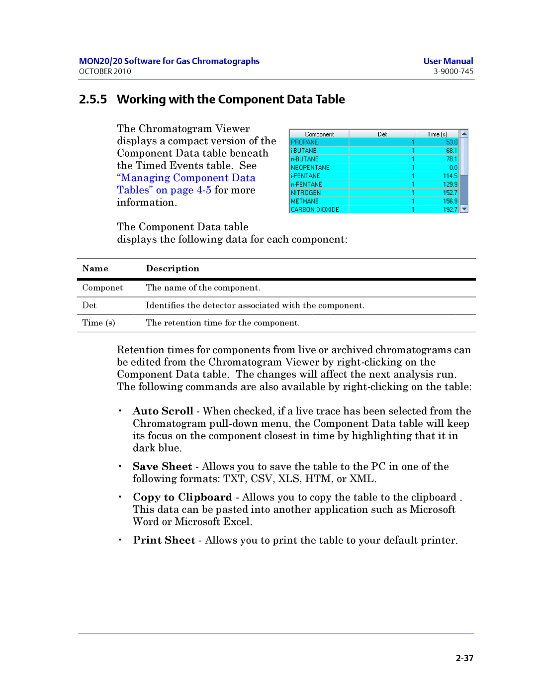 Emerson Process Management 3-9000-745 manual Working with the Component Data Table 