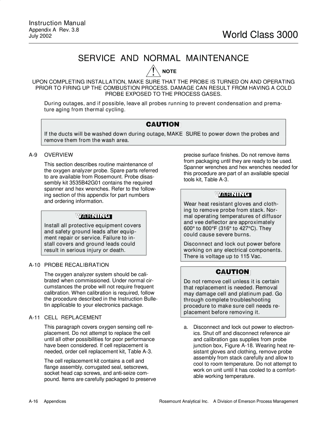 Emerson Process Management 3000 instruction manual Service and Normal Maintenance, Probe Recalibration, Cell Replacement 