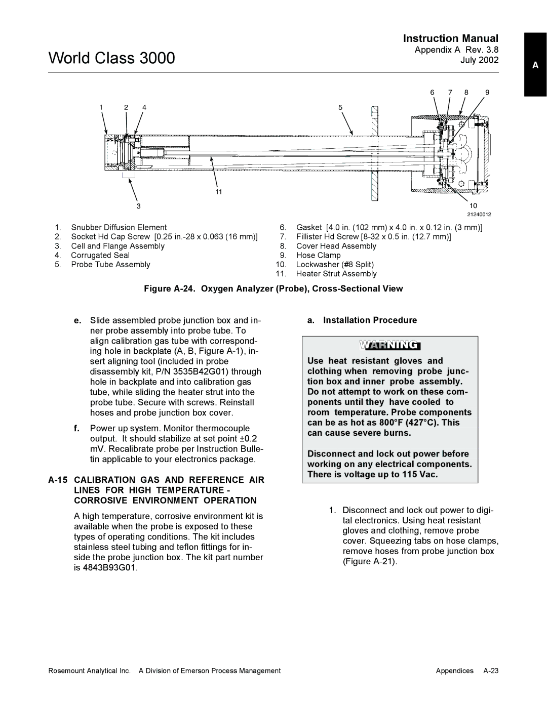 Emerson Process Management 3000 instruction manual Figure A-24. Oxygen Analyzer Probe, Cross-Sectional View 