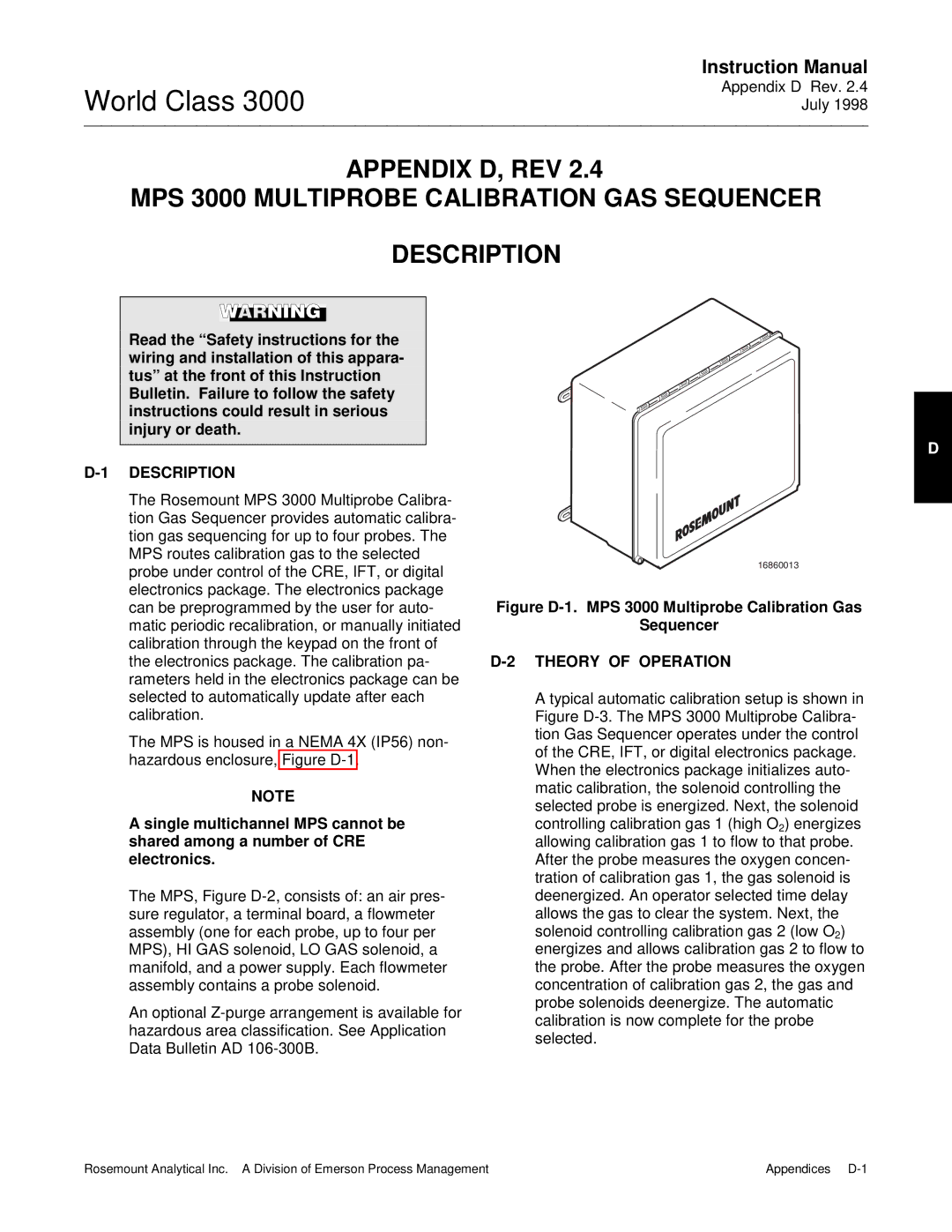 Emerson Process Management instruction manual Figure D-1. MPS 3000 Multiprobe Calibration Gas Sequencer 