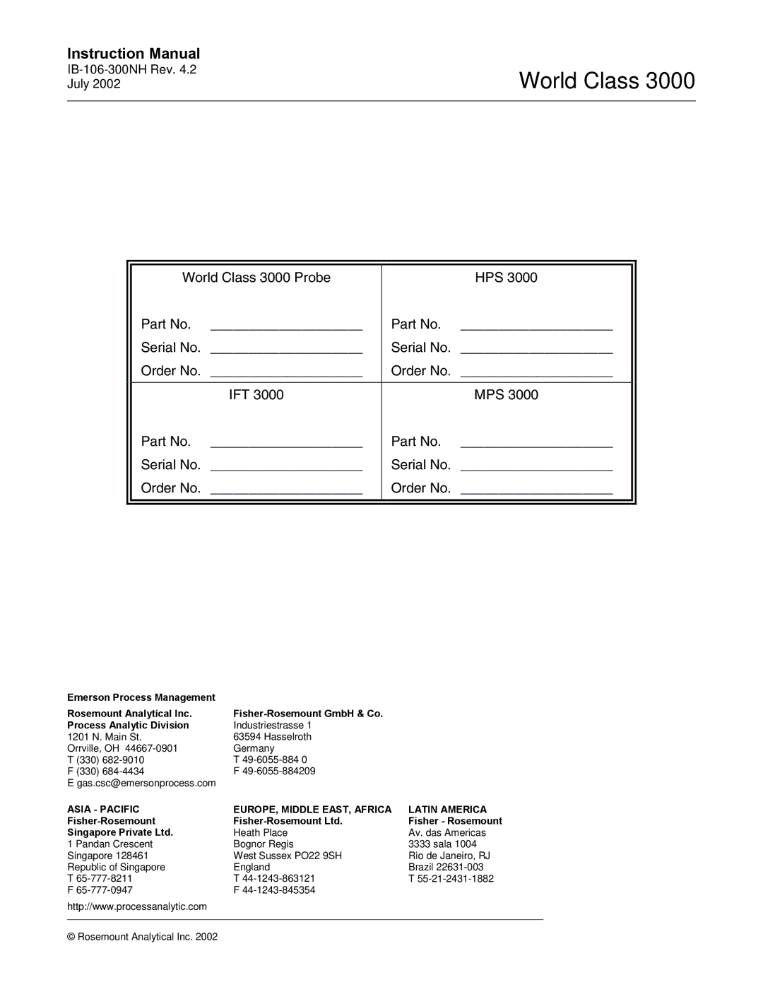 Emerson Process Management instruction manual World Class 3000 Probe HPS Serial No Order No IFT MPS 