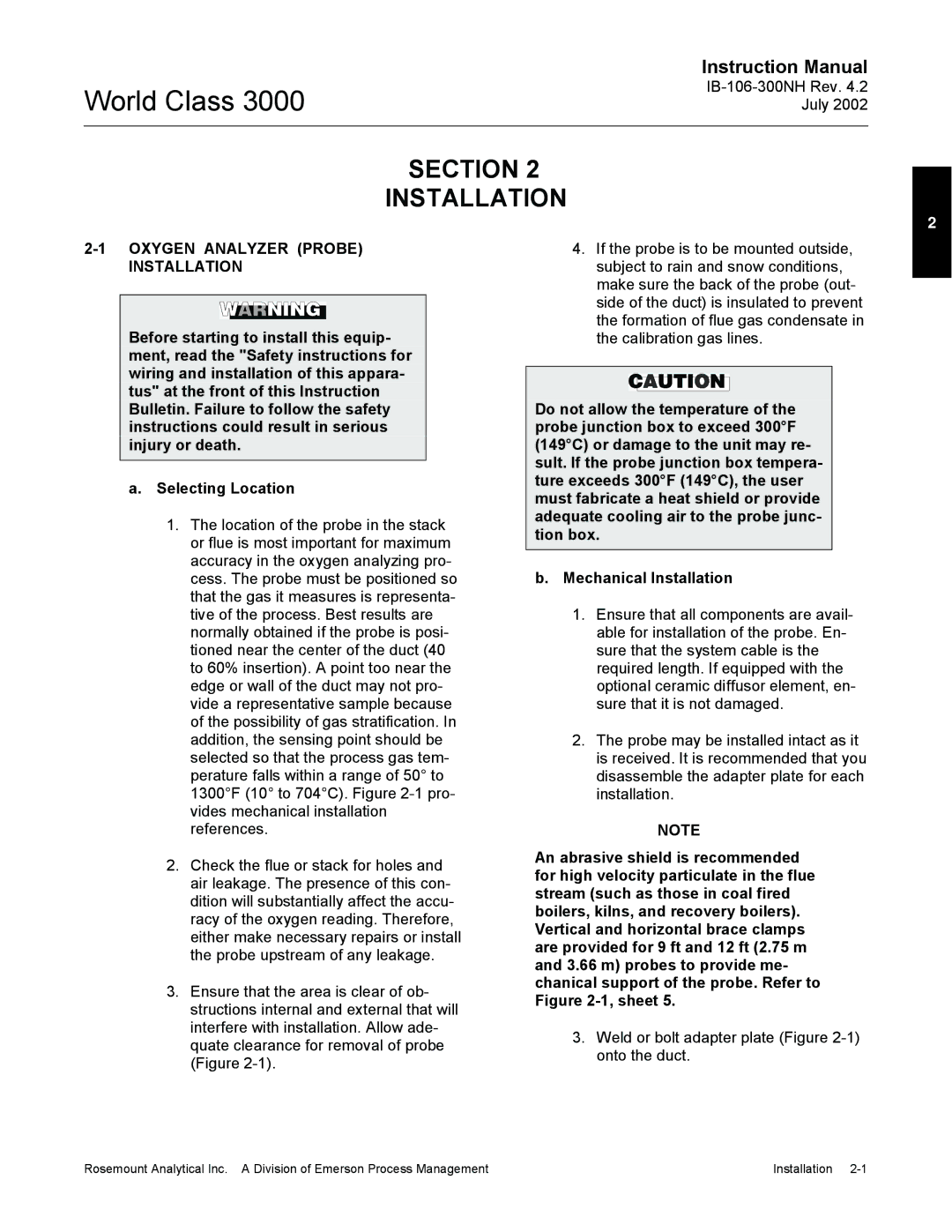 Emerson Process Management 3000 instruction manual Section Installation, Oxygen Analyzer Probe Installation 