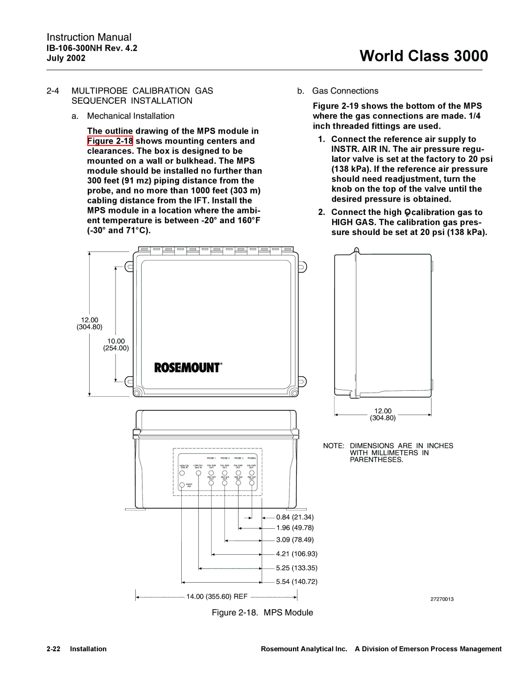 Emerson Process Management 3000 instruction manual Multiprobe Calibration GAS Sequencer Installation, Gas Connections 