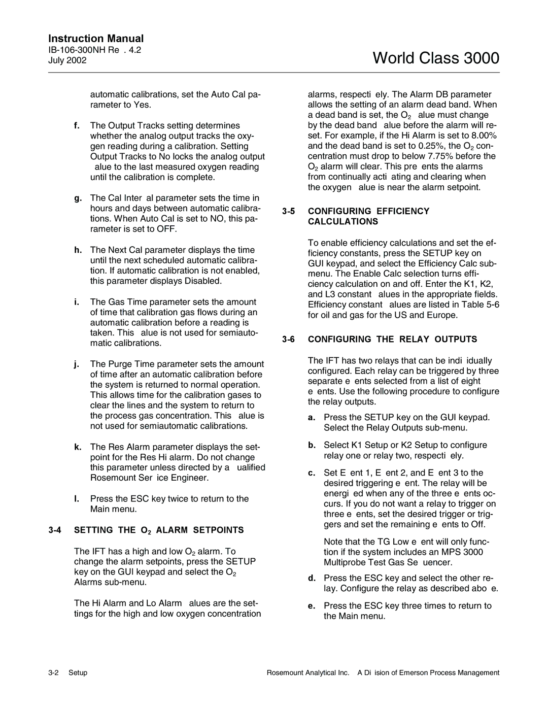 Emerson Process Management 3000 instruction manual Setting the O2 Alarm Setpoints, Configuring Efficiency Calculations 