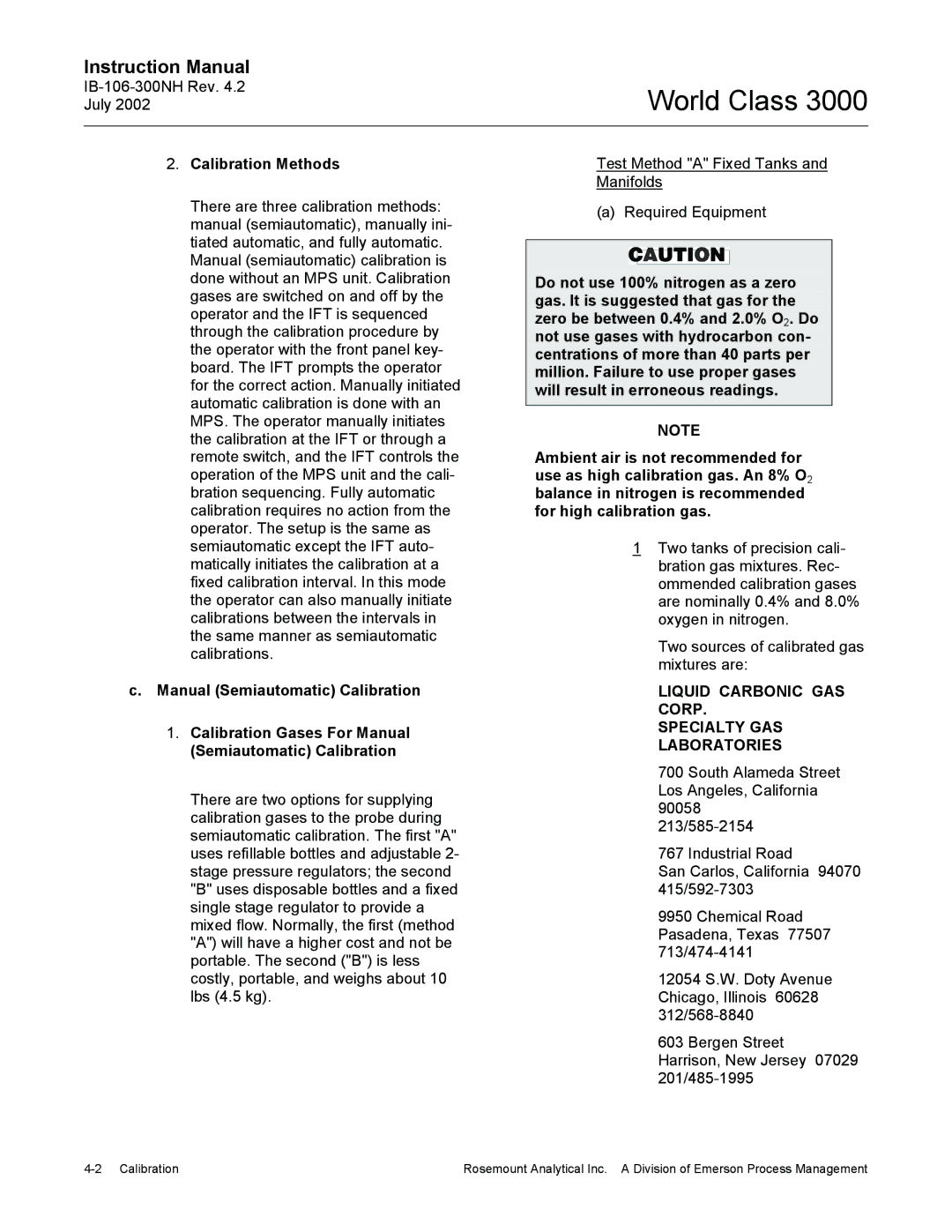 Emerson Process Management 3000 instruction manual Calibration Methods, Liquid Carbonic GAS Corp Specialty GAS Laboratories 